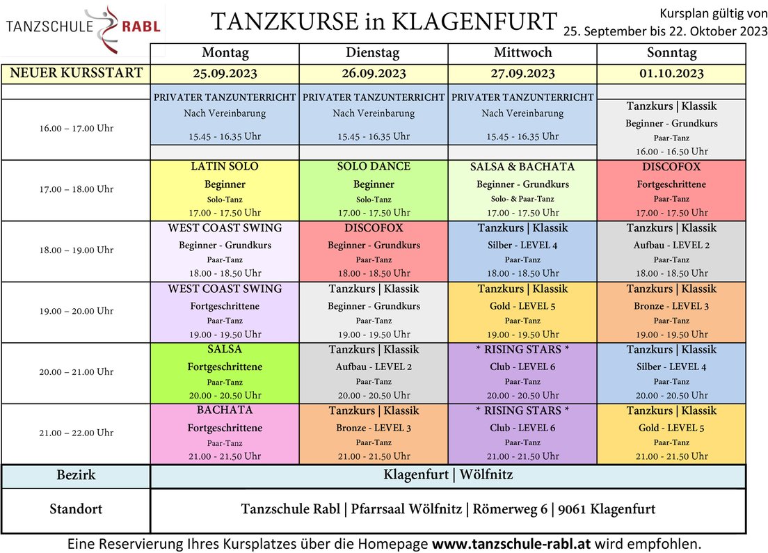 TANZKURS KLAGENFURT KURSPLAN TANZSCHULE RABL 2023